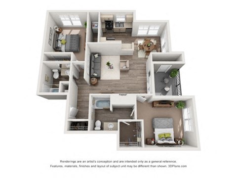 Floor plan for 2 beds, 2 baths, 1005 sqft